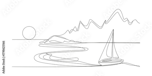 Minimalist line art sailboat on serene water with mountains and sun.