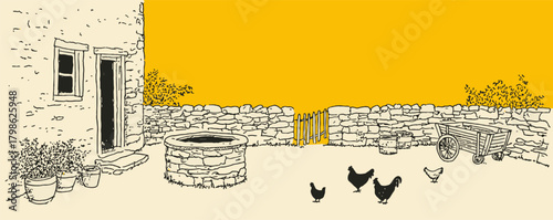 A drawing of a house with a well and a gate. There are three chickens in the yard