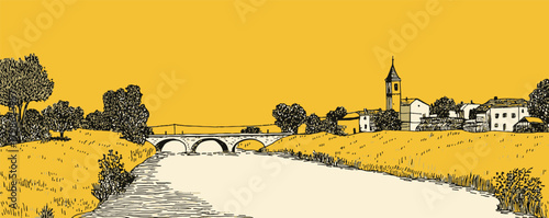 A yellow and orange background with a bridge and a church in the foreground. The bridge is over a river and the church is in the distance