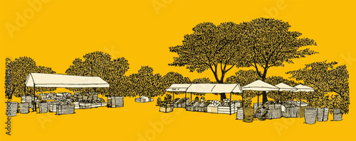 A yellow background with a drawing of a market with tents and people. The market is full of people and has a lot of food