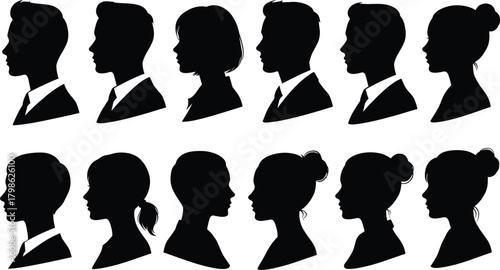 Male and female head profile silhouettes, side view business people vector illustration, professional avatar icons collection for corporate identity, branding, and design