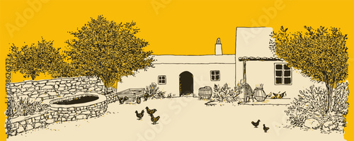 A house with a well and a chicken coop. The house is surrounded by trees and bushes