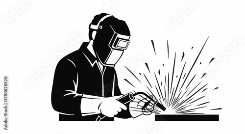 A skilled welder, protected by a helmet, meticulously works with metal, creating sparks during a welding process in a workshop setting.