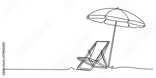 Continuous line art drawing of beach chair and umbrella vacation