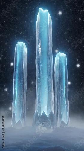 Cosmic gateway of glowing turquoise circles on a serene, snow-covered landscape with a starry background