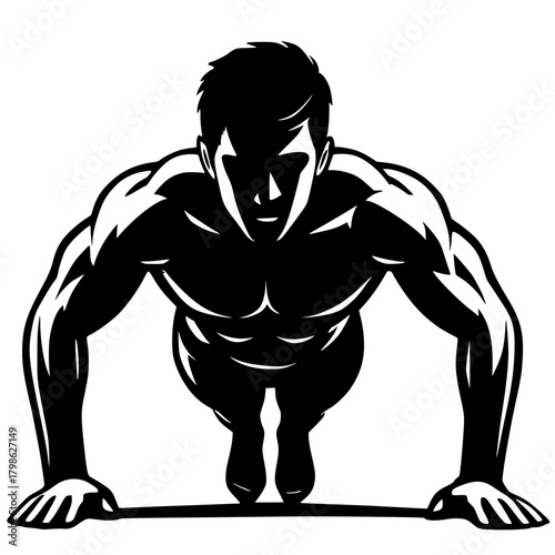 Muscular man performing a dynamic push-up exercise, rendered in a striking black and white stencil or graphic novel style. Represents strength, intense fitness, power, and bodyweight training.