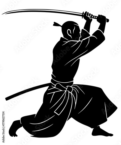 Samurai warrior silhouette in a powerful dynamic sword-fighting pose, raising a katana for an attack. Represents Japanese martial arts, tradition, honor, and bushido.