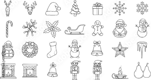 Christmas Holiday Icons Set - Hand Drawn Doodle Line Art Vector Collection of Traditional Xmas Symbols like Santa, Reindeer, Tree, Snowman, Gift, Sleigh, Candy Cane, Bell, Star