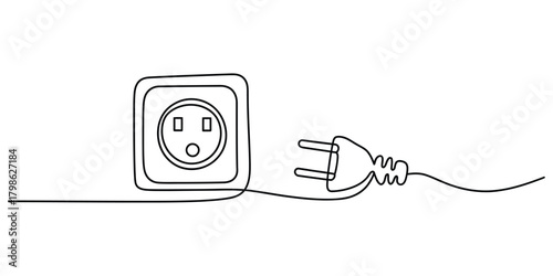 Continuous line drawing of an electrical plug and power outlet