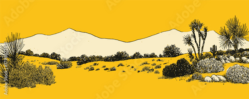 A yellow and black desert landscape with mountains in the background. The mountains are in the distance and the desert is full of trees and bushes