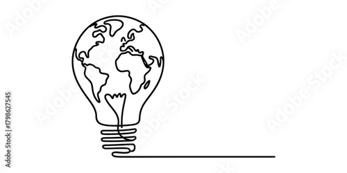 Planet earth globe inside electric light bulb continuous line