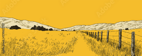 A yellow and brown field with a fence in the middle. The fence is wooden and has a rustic look. The field is empty and peaceful