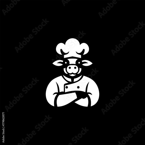 A stylized minimalist logo of a cow chef wearing a traditional hat and apron with folded arms