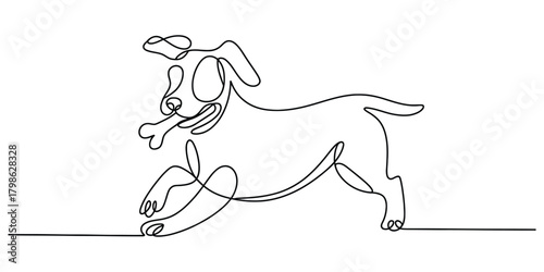 Continuous line art drawing of a happy running dog carrying a bone.