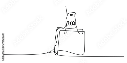 Continuous line art drawing of a hand holding a shopping bag