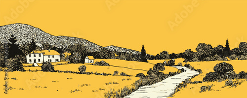 A yellow and orange landscape with a road running through it. The road is lined with trees and houses