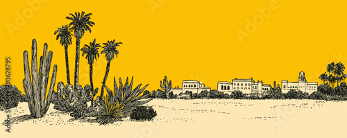 A yellow background with a desert scene and a city in the distance. The desert scene is full of cacti and palm trees