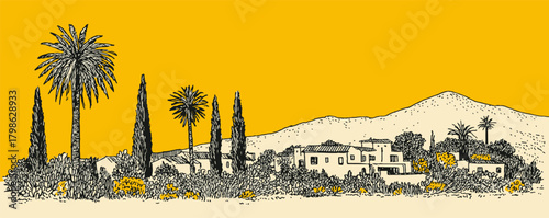 A drawing of a mountain with houses and palm trees. The houses are small and the palm trees are tall. The drawing has a warm and inviting mood
