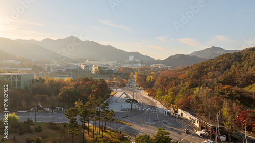 Photography “Autumn Morning Aerial View of Seoul National University Campus with Gwanak Moun
