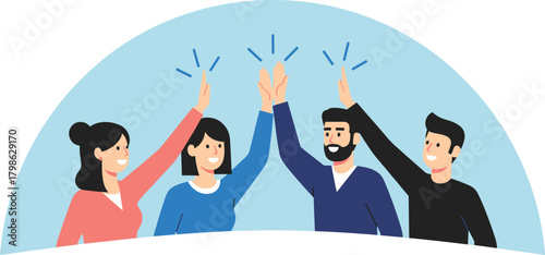 Vector illustration of a cheerful professional gamer or esports streamer wearing a headset, playing a video game at a desk, with trophy and chat icons floating above, symbolizing online gaming and com