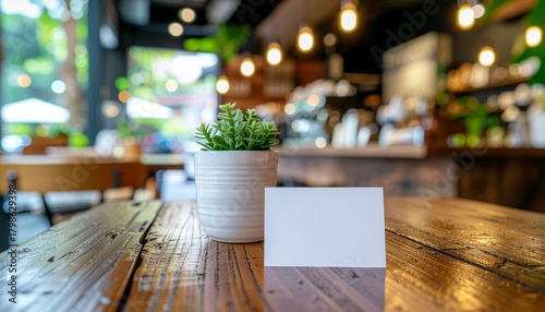 Blank white card and a small potted plant on a rustic wooden table, set against a cozy, blurred cafe background, offering an inviting space for custom text or branding