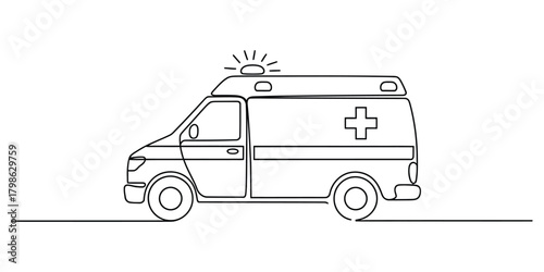 Ambulance vehicle line art drawing, emergency medical symbol.