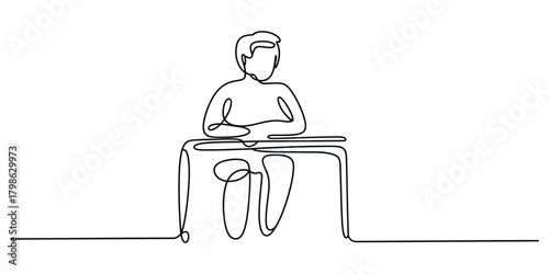 Continuous line drawing of a person sitting at a desk working