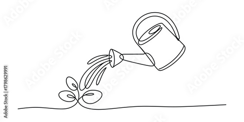 Continuous line drawing of watering can watering a small plant