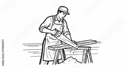 A skilled carpenter meticulously saws through a wooden plank, demonstrating precision and craftsmanship in his woodworking task, creating something new.