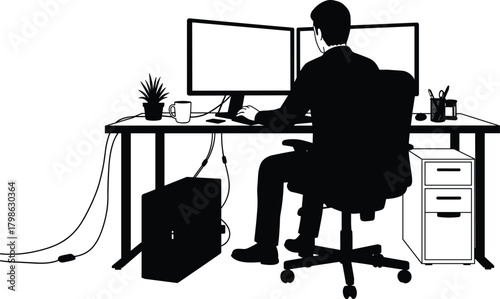 Modern office workspace with businessman working at computer desk, dual monitor setup, minimalist interior, professional environment, productivity and technology concept illustration