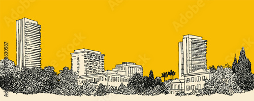 A city skyline with tall buildings and a yellow background. The buildings are drawn in a stylized way. Scene is one of urban life and the hustle