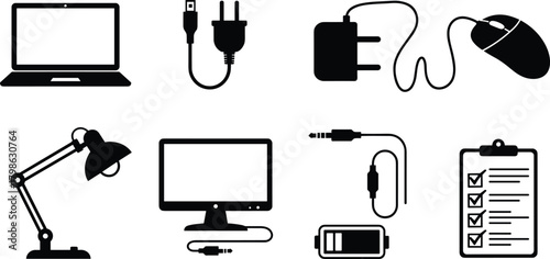 Office equipment silhouettes set, computer accessories vector illustration, technology tools icons, laptop, mouse, charger, monitor, lamp, clipboard, battery, black isolated shapes.