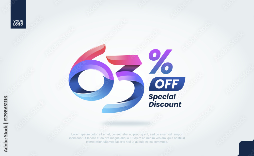 Fototapeta premium 63 Percent Discount Banner Template with Modern 3D Gradient Typography