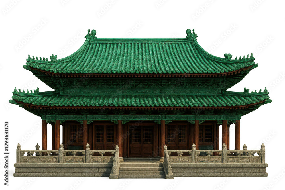 Obraz premium Chinese temple facade with green tiled roof, ancient asian architecture, traditional pagoda style building on transparent background
