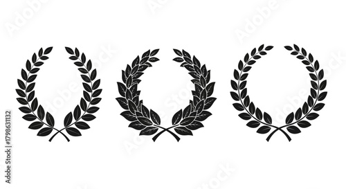 A collection of three distinct black laurel wreath icons symbolizing victory and achievement.