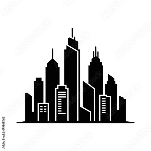 A minimalist black silhouette of a modern city skyline with various skyscrapers on a white background.