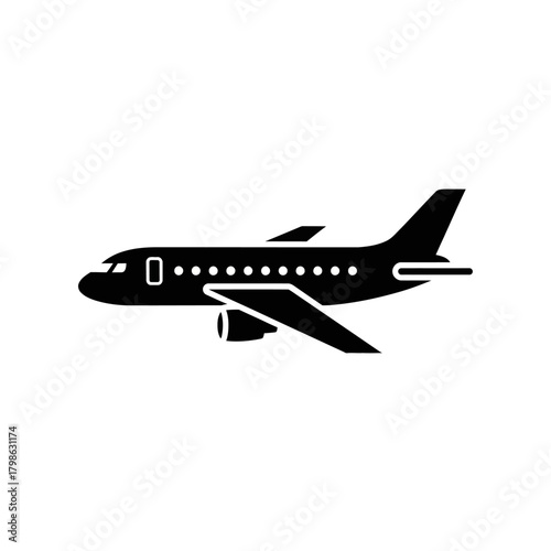 A black silhouette icon of a passenger airplane on a white background.