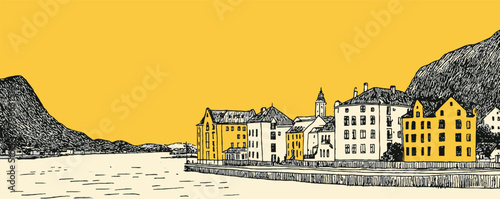 A yellow and black drawing of a town with a river in the background. The houses are small and the sky is a bright yellow