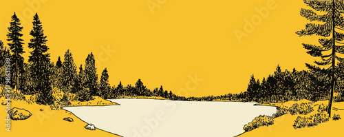 A serene and peaceful scene of a lake surrounded by trees. The trees are scattered throughout the area, with some closer to the water