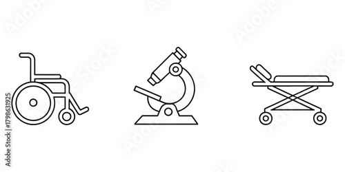 Medical and science equipment line art icons set illustration.