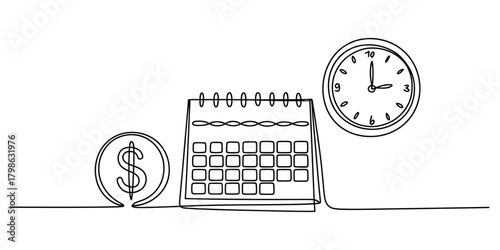 Financial planning, scheduling, and time management line art.