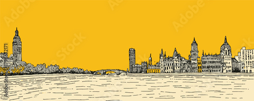 A city skyline is shown in a yellow background. The buildings are tall and spread out, with some of them having spires