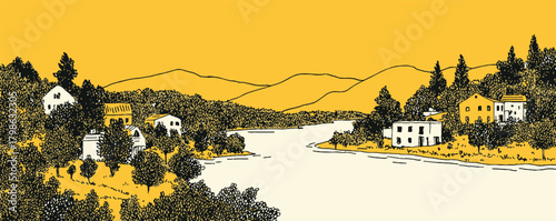 A yellow and black drawing of a river with houses on the banks. The houses are small and there are trees in the background