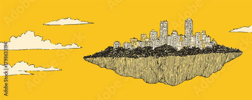 A city is floating in the air above a yellow background. The city is surrounded by clouds and he is in a dreamlike state