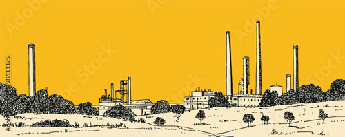 A yellow background with a cityscape of industrial buildings and a few trees. Scene is industrial and somewhat bleak