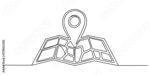 Continuous line drawing of a location pin icon on a map symbol