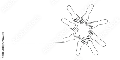 United hands continuous line art symbolizing teamwork, support, unity.