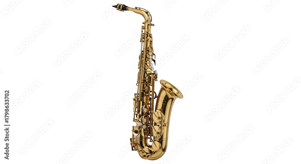 Naklejka premium Golden alto saxophone musical instrument on white background.