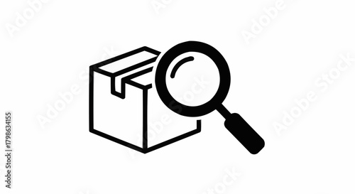 Magnifying glass examining a package for quality control and inspection.