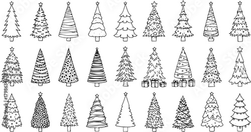 Hand-drawn Doodle Christmas Trees Set. Collection of Various Holiday Evergreen Trees in Different Styles. Festive Vector Illustration for Winter Season Decoration.
